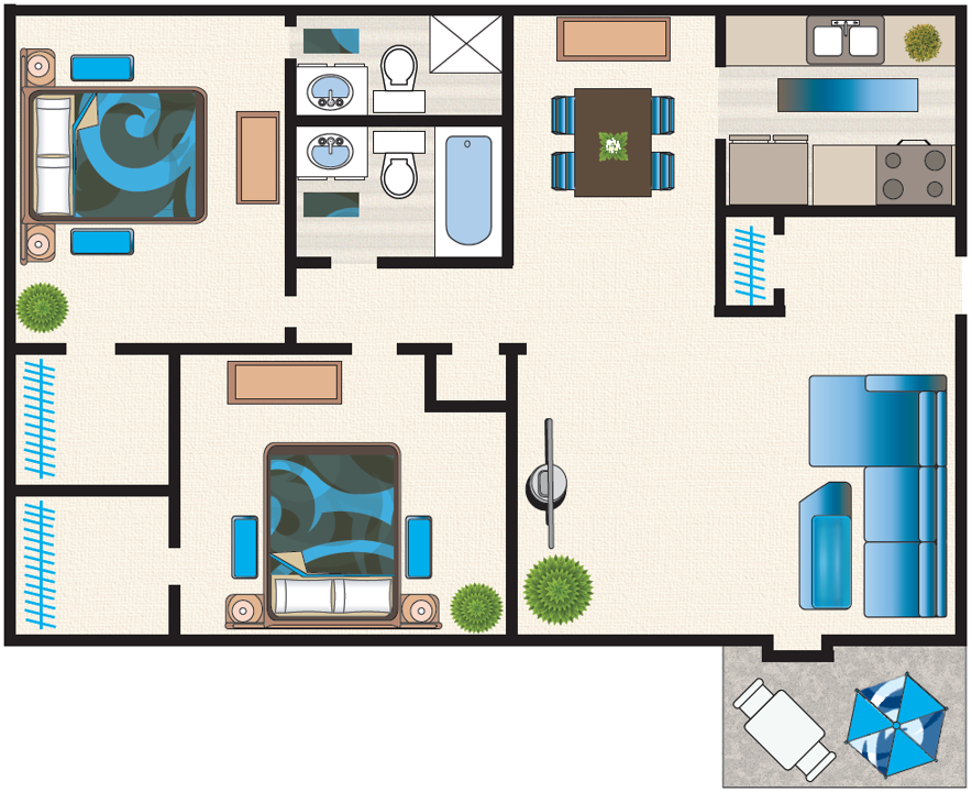 Floor plan for 2 beds, 2 baths, 944 sqft